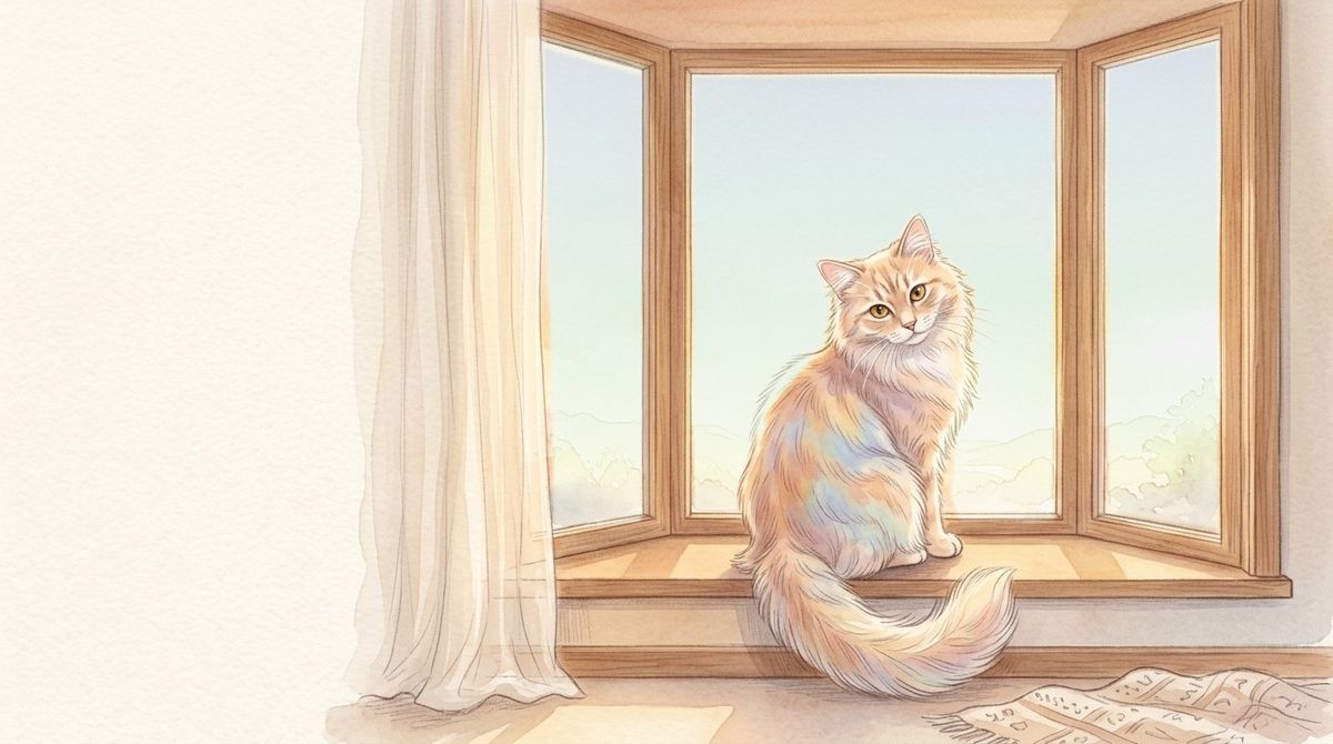 窓辺に座ってこちらを振り返る、診断猫ここのつ
